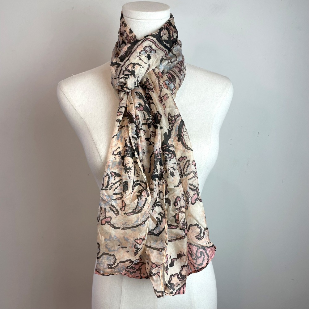 Long Rectangle Silk Scarf Paisley Abstract Floral Earth Tones Neutral Beige